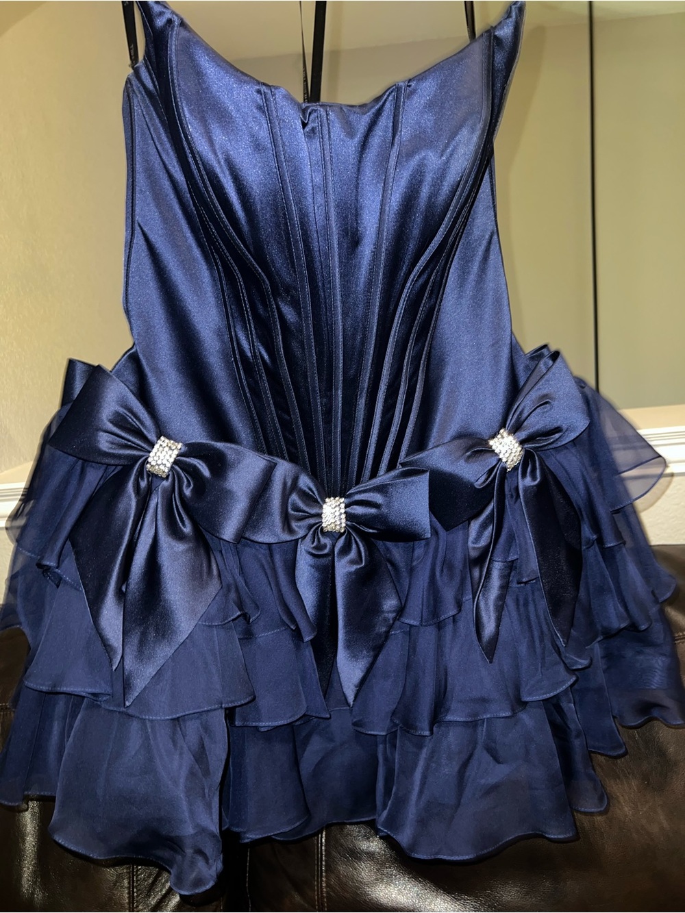 Sherri Hill HOCO Navy Ruffle Drop-Waist Dress with Bow Accents